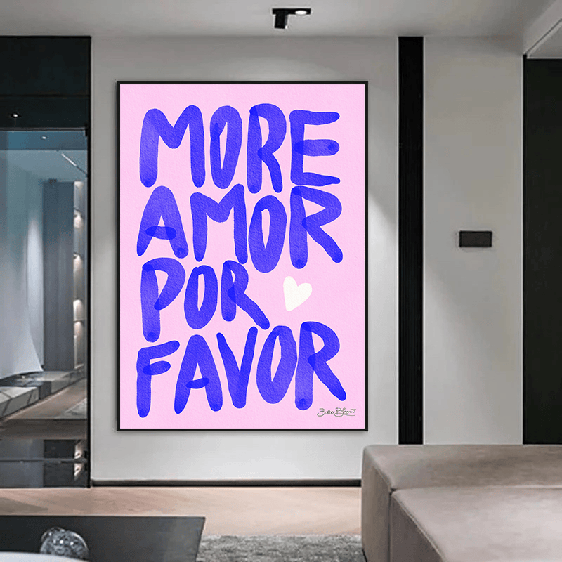 More Amor Por Favor typography wall art, bold blue handwritten lettering on a pink background with a white heart