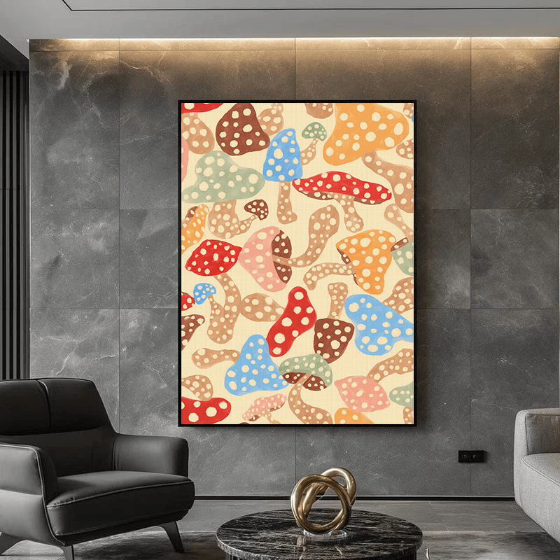 Colorful botanical mushroom pattern wall art, red and blue mushrooms on cream in a black frame