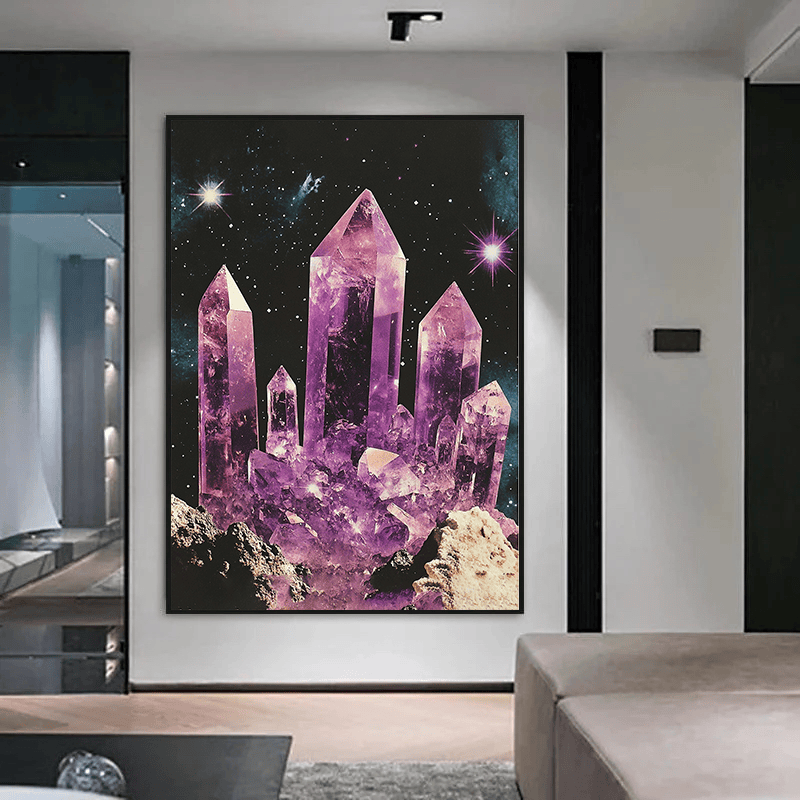 Purple amethyst crystal galaxy wall art in a black frame hanging on a white wall above a couch