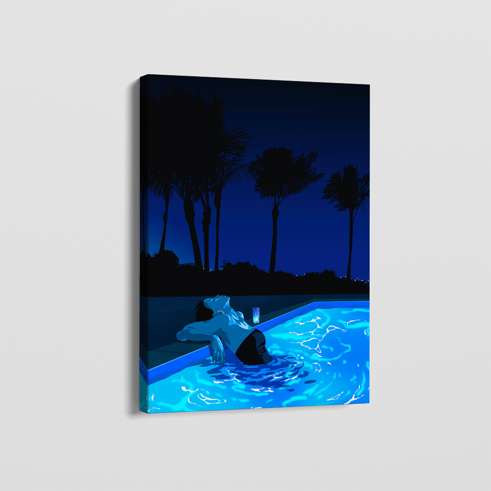Blue night landscape wall art showing a figure resting in an illuminated pool under palm trees