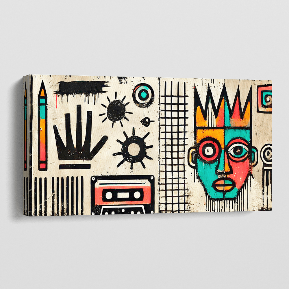 Nostalgic King wall art, abstract crowned portrait with street art symbols and teal and coral colors