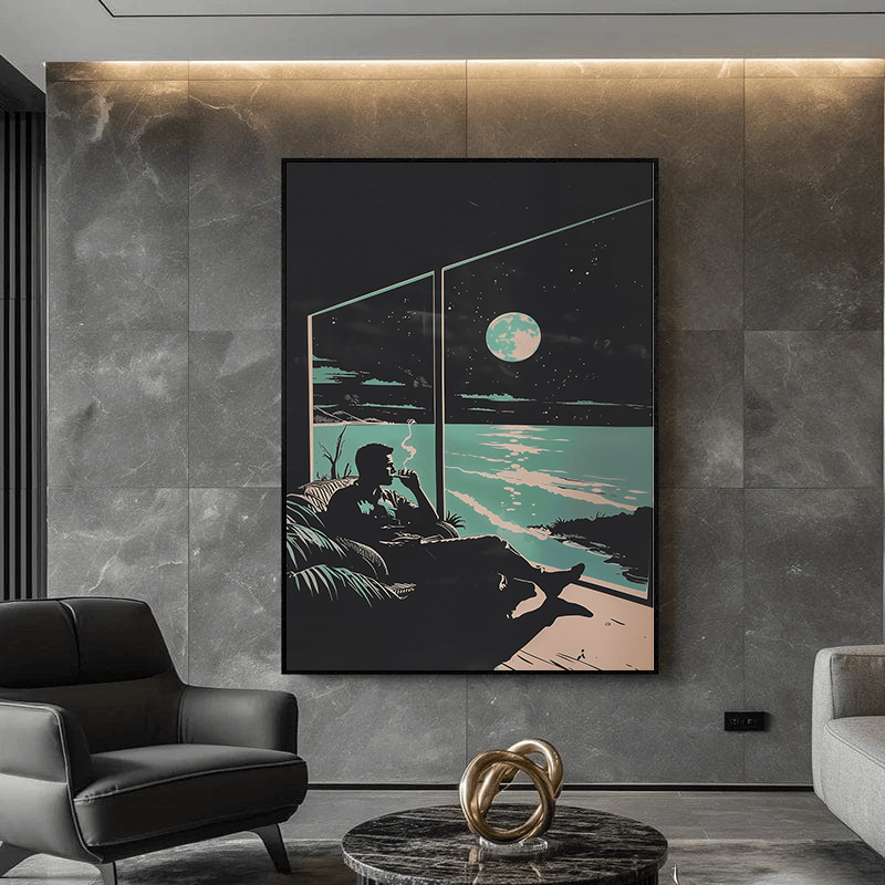 Ocean Drag man smoking by moonlit ocean wall art, coastal night scene in teal, charcoal and silver with a glowing moon