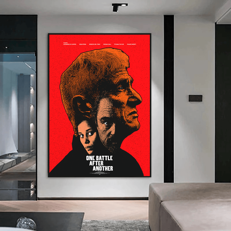 One Battle After Another cinematic portrait wall art, red background with layered black and orange faces