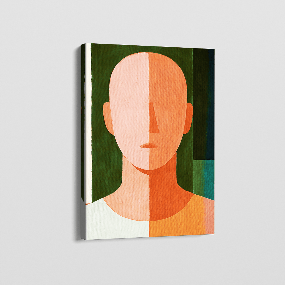 Abstract human figure portrait wall art, peach and orange split face on green background