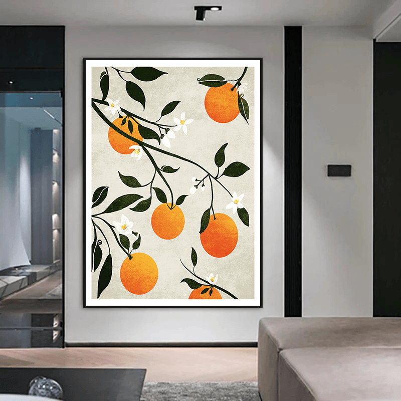 Oranges in bloom botanical wall art in a black frame hanging in a modern hallway above a grey rug and wooden bench