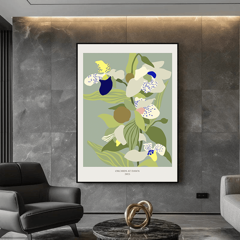 Botanical orchid print, white and blue flowers with green leaves wall art in black frame