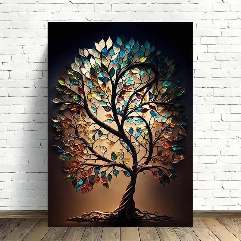 Spirit of Seasons wall art, majestic tree with teal and amber leaves against a dark background