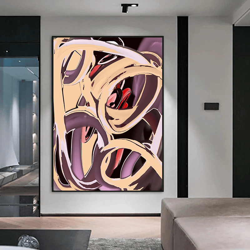Abstract shapes painting wall art, curved beige, burgundy, and plum brushstrokes on dark background