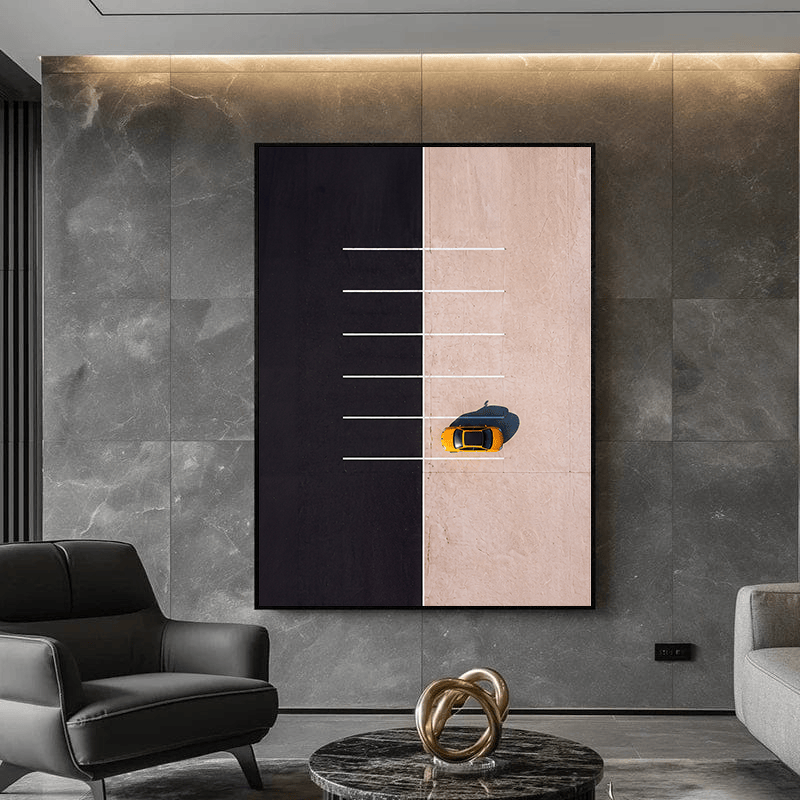 Minimalist aerial photography wall art, yellow car on black and beige asphalt with white parking lines
