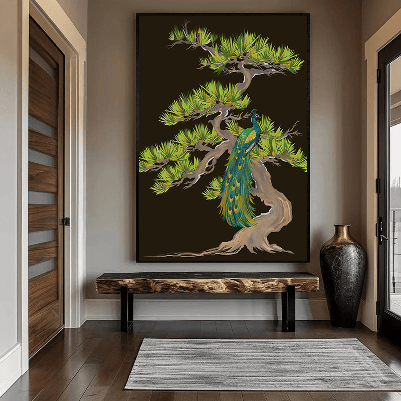 Peacock on pine branch painting wall art, elegant bird resting on a sculpted tree with green foliage on a dark background