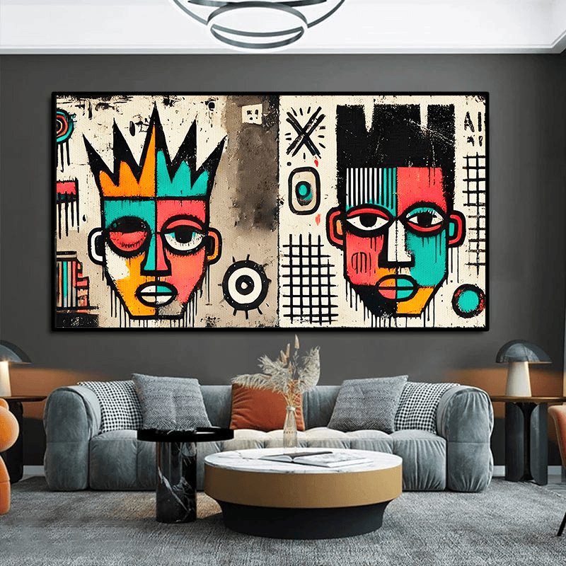 Abstract tribal portraits wall art, two stylized faces with crowns and geometric markings in red, teal and ochre