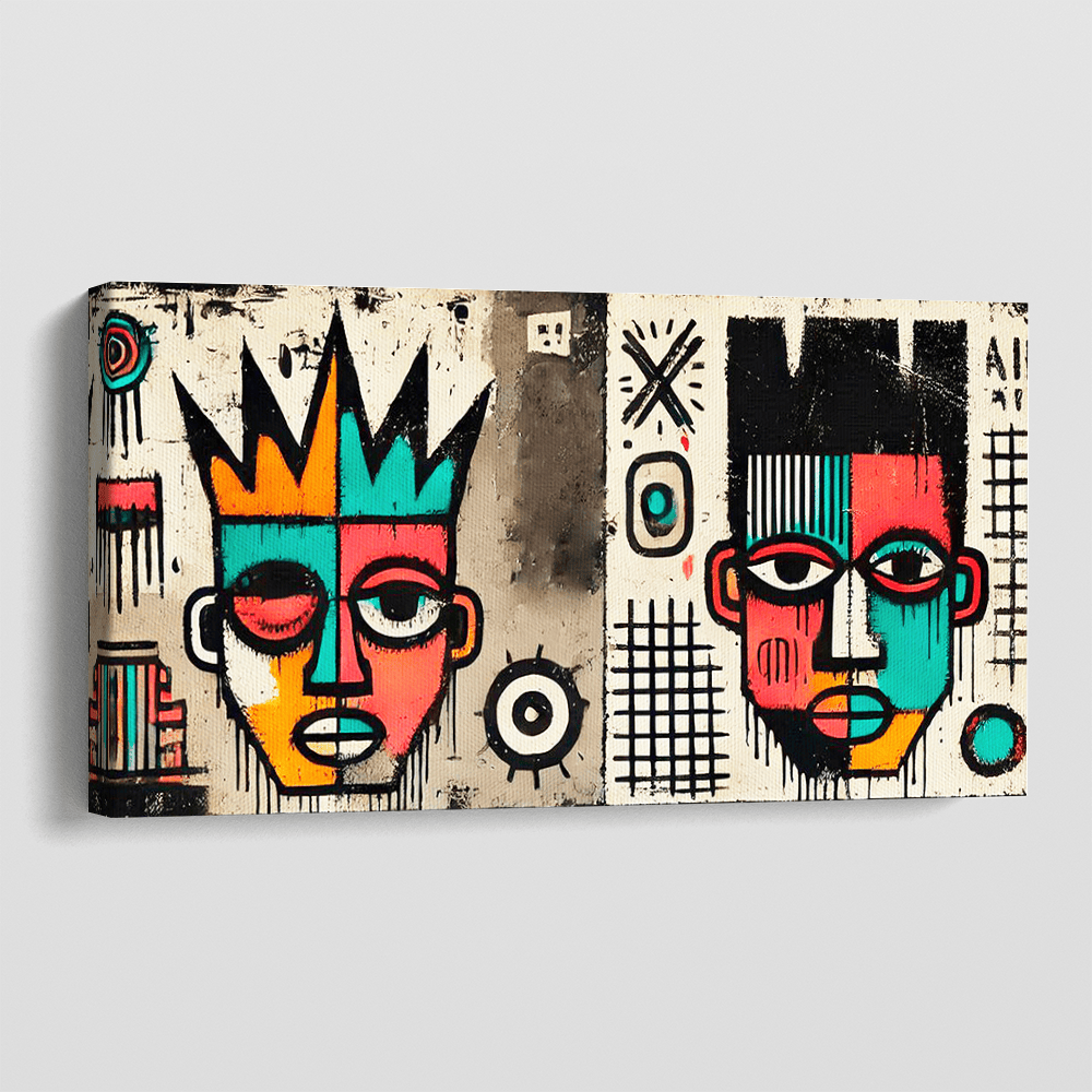 Abstract tribal faces wall art, colorful graphic painting featuring crowned figures and geometric symbols on canvas