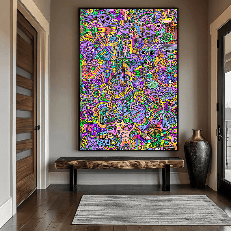 Colorful abstract cubist figures wall art in a black frame hanging in an entryway above a wooden bench