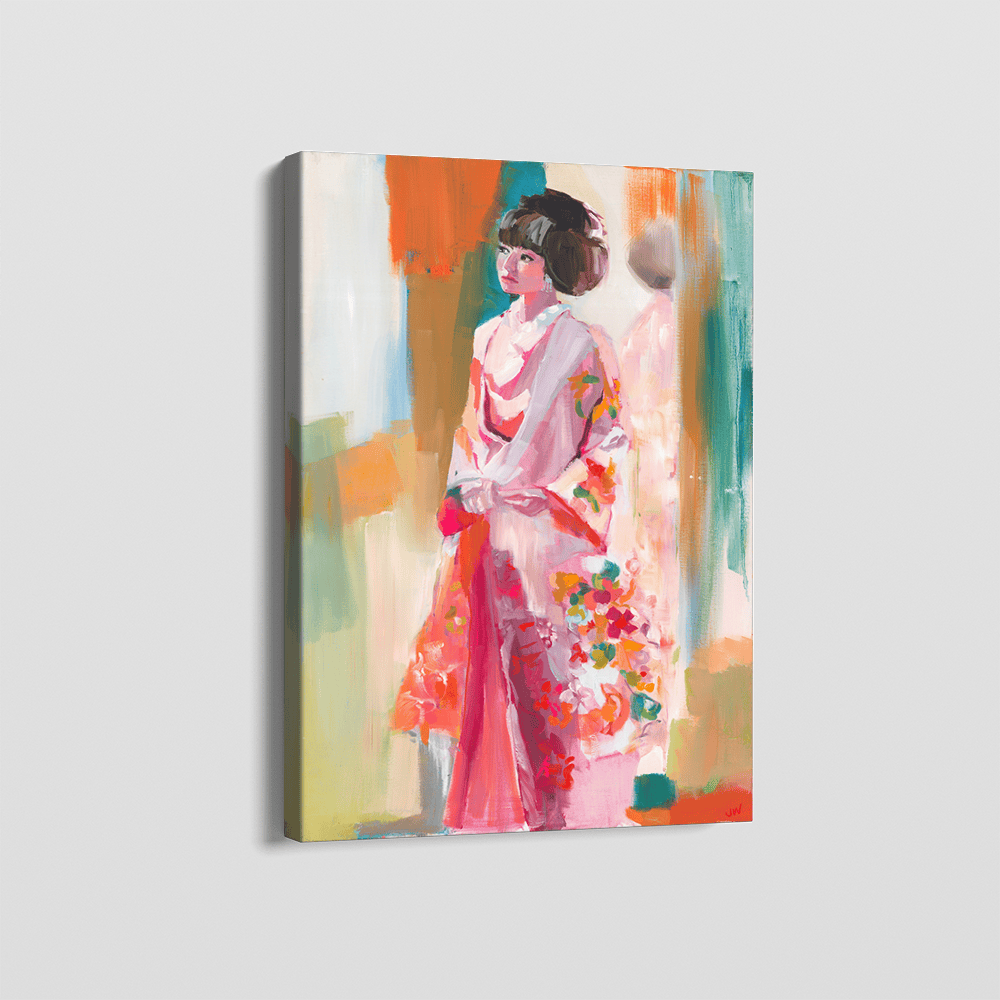 Pink Kimono on a Walk wall art, woman in a floral kimono with expressive brushwork and turquoise background