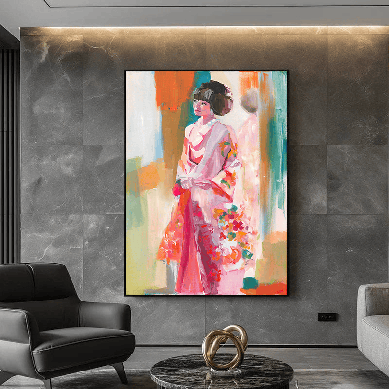 Pink Kimono on a Walk woman wall art, Japanese portrait with vibrant floral patterns in pink, turquoise and orange