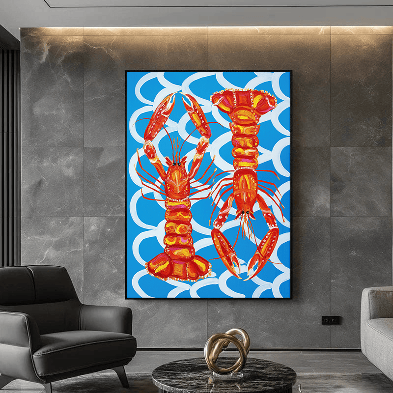 Playful Ocean Lobsters marine life wall art, red and orange lobsters on a blue and white wave patterned background