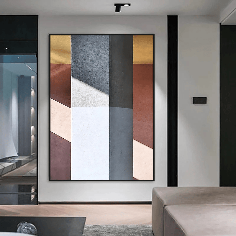 Abstract architectural wall art print, geometric vertical forms with diagonal shadows in charcoal, terracotta, and ochre