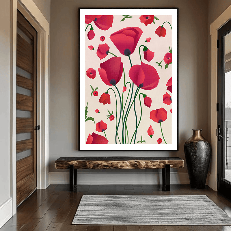 Red poppy blossoms botanical wall art, vibrant crimson flowers with green stems hanging in a hallway above a wooden bench
