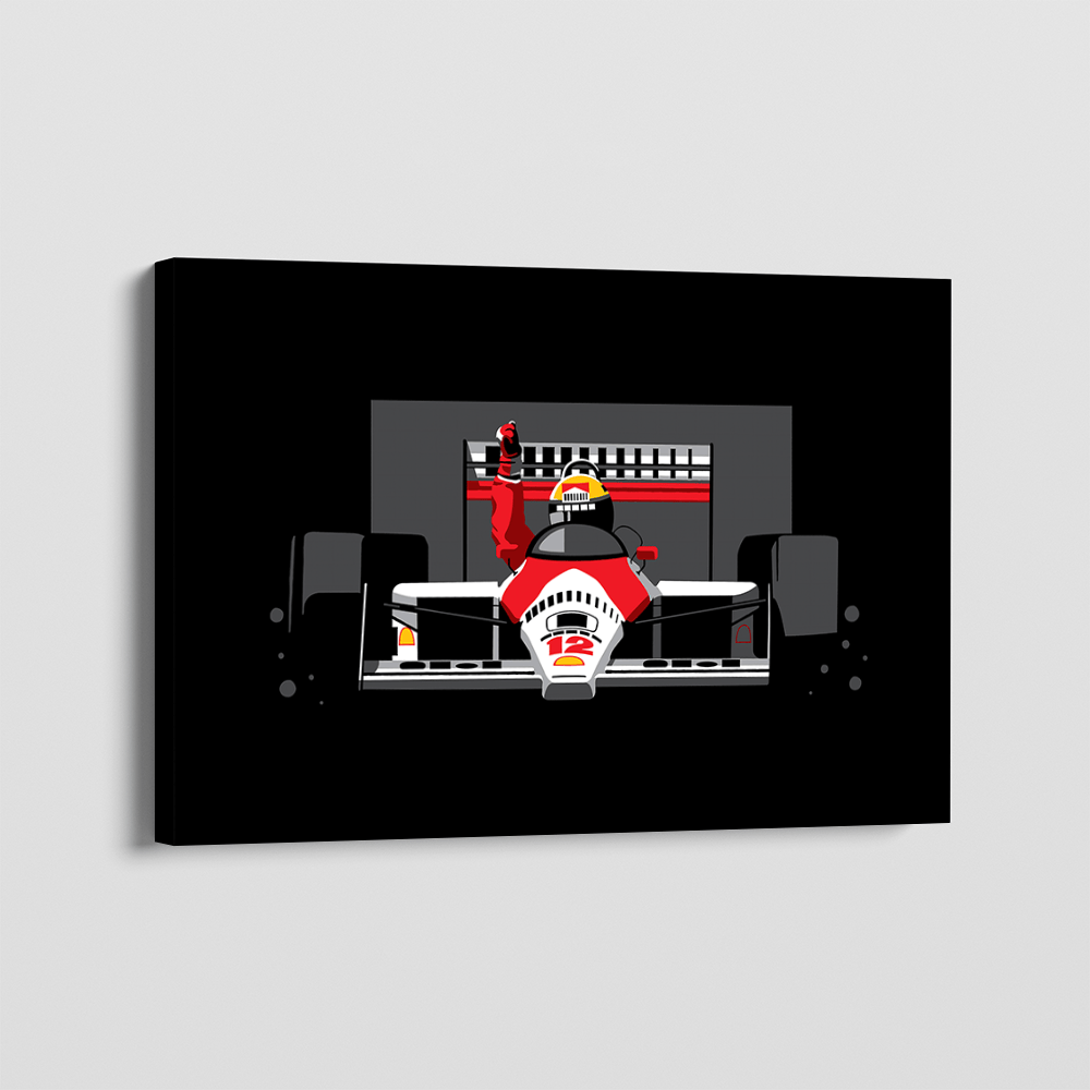 F1 racing car wall art, graphic painting of a red and white formula one vehicle on a black background