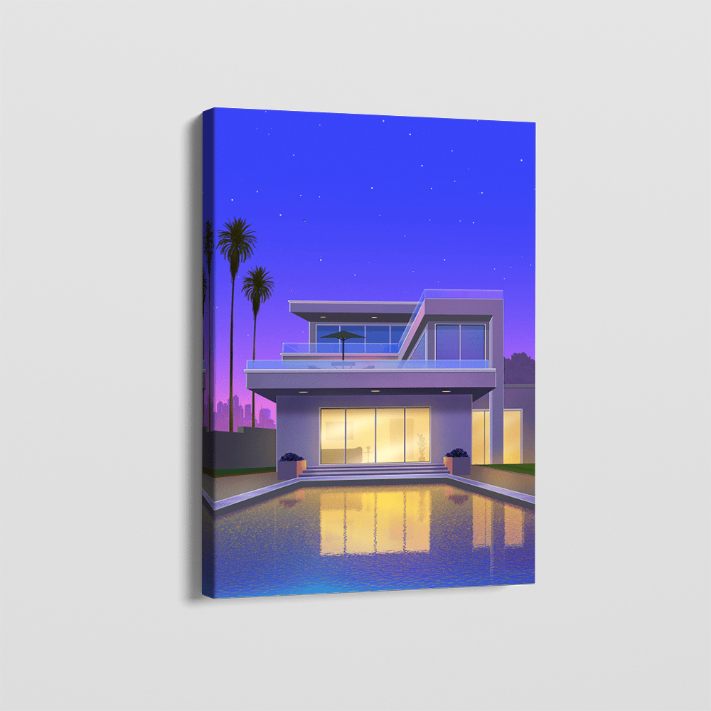 Modern architecture landscape painting of a glowing luxury villa by a pool under a blue twilight sky with palm trees wall art