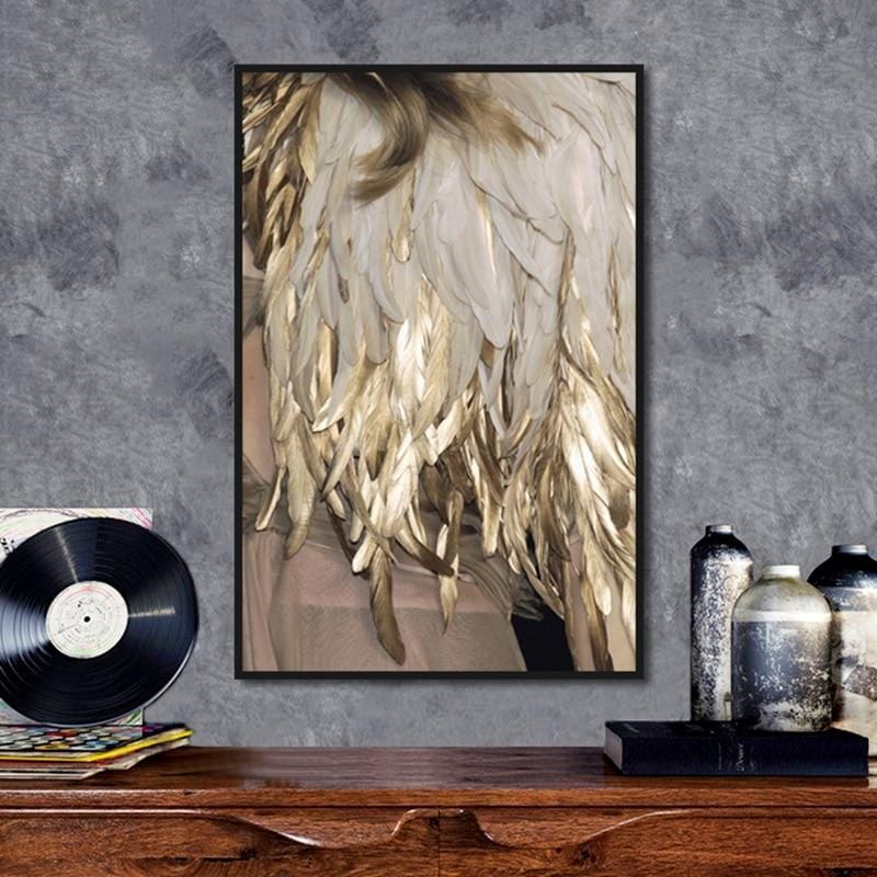 Beige and gold feather print wall art, shimmering soft plumage with celestial charm