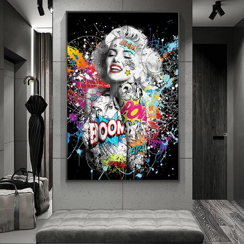 Pop culture Marilyn Monroe portrait wall art, black and white face with colorful graffiti and text elements