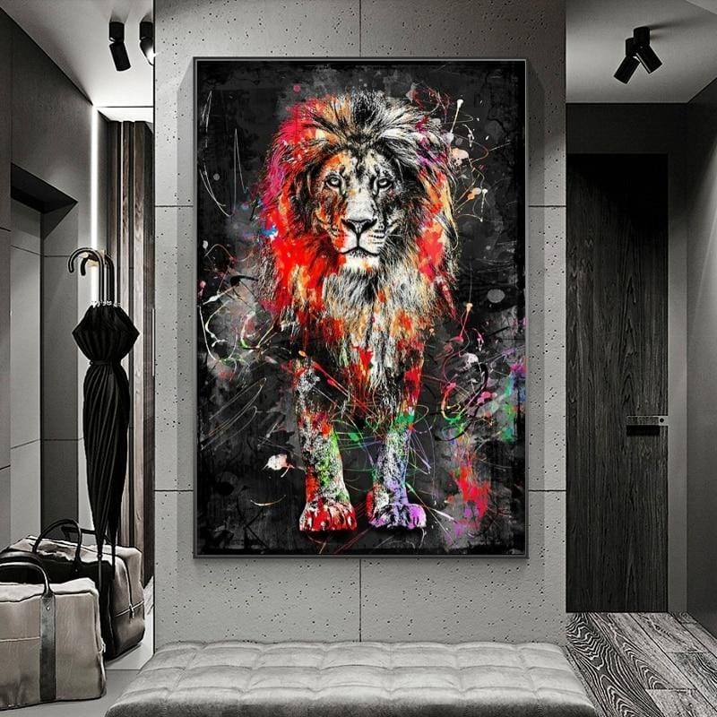 Abstract lion portrait wall art, colorful big cat painting with bold red and black strokes hanging in an entryway