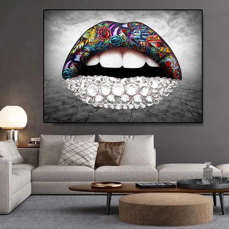 Graffiti lips wall art pop art print, colorful tattoos and sparkling diamond teeth on a cracked grey wall