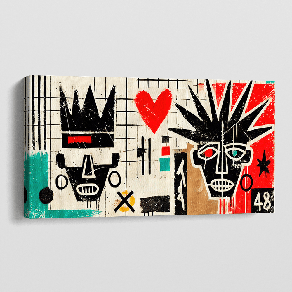Punk & Hearts abstract street art wall art, mixed media composition with stylized faces and a red heart on canvas
