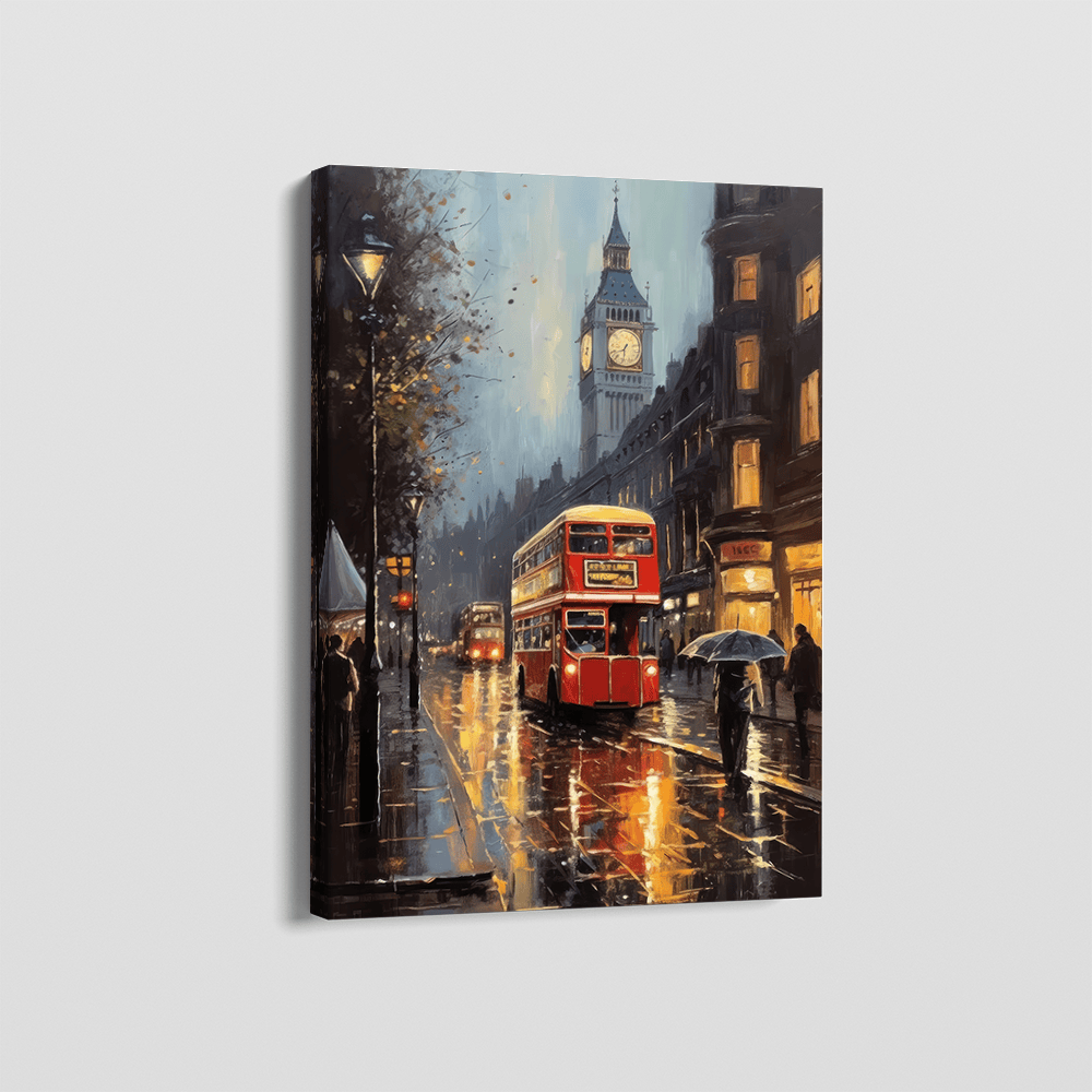 Rainy Nights in London wall art, London street scene with a red double decker bus and Big Ben