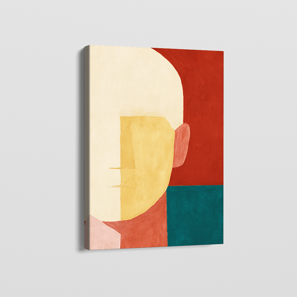 Abstract minimalist portrait wall art, geometric shapes in red, cream, yellow, and teal on canvas