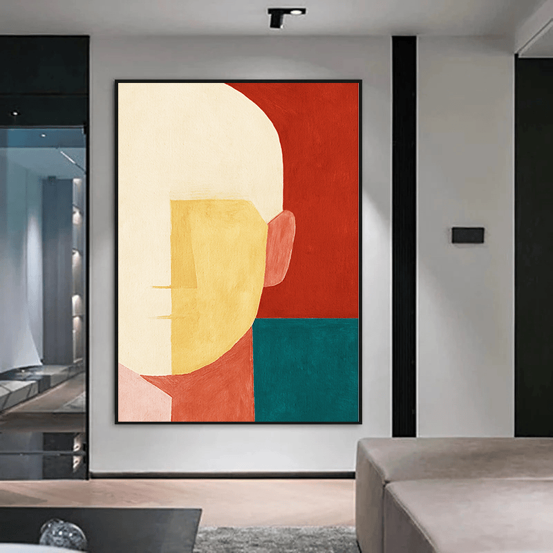 Abstract minimalist head portrait wall art, geometric composition with red, cream, yellow and teal blocks