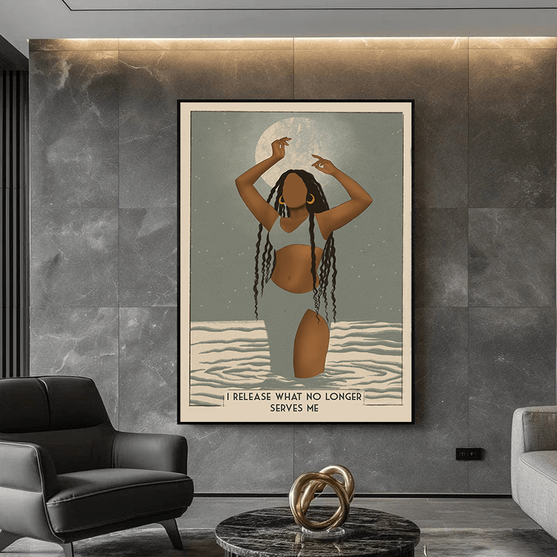Release What No Longer Serves Me wall art, Black woman standing in water under a full moon with long braids