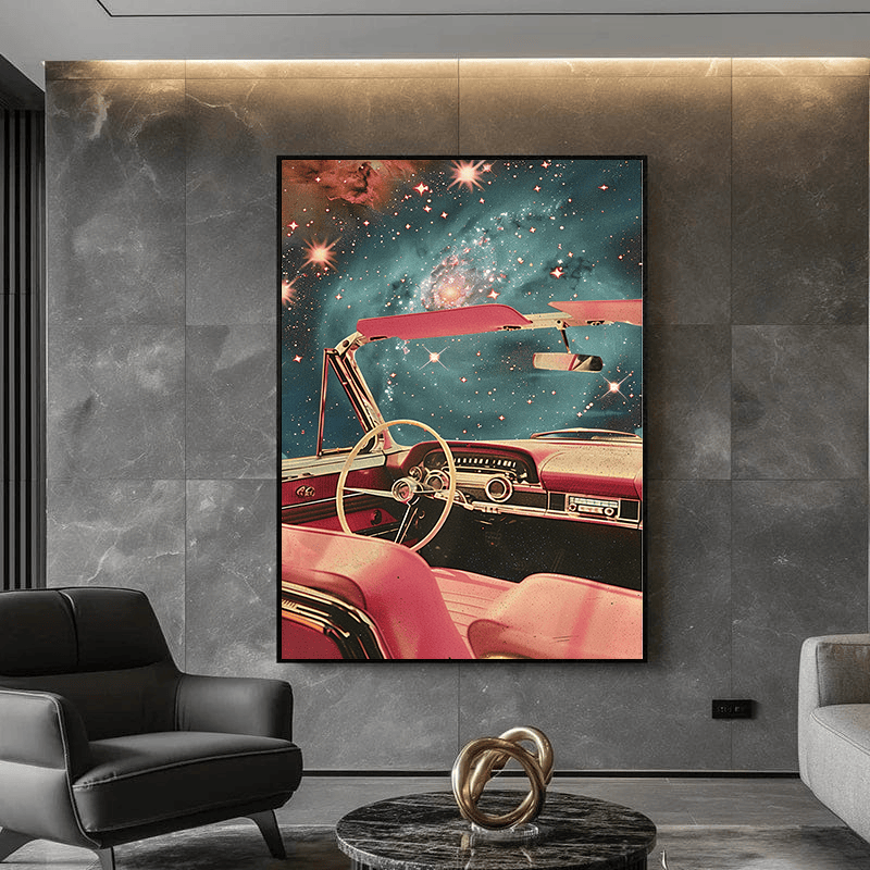 Retro car galaxy drive wall art, vintage convertible interior with a cosmic sky and glowing stars