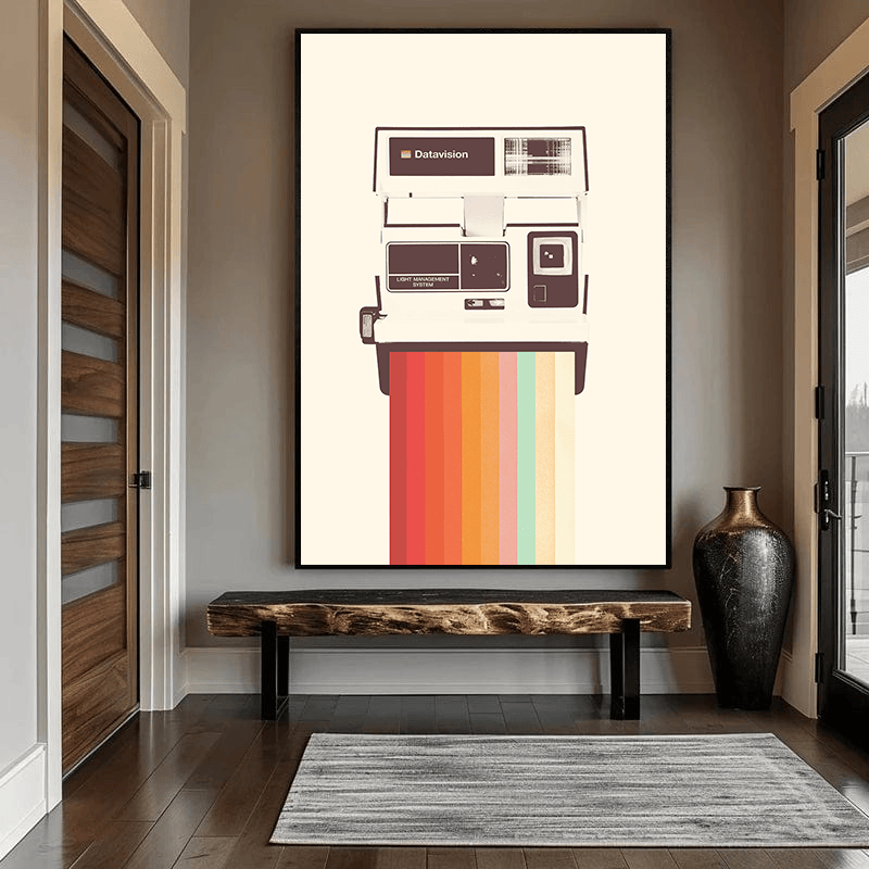 Vintage camera wall art, retro instant camera illustration with colorful vertical rainbow stripes on ivory