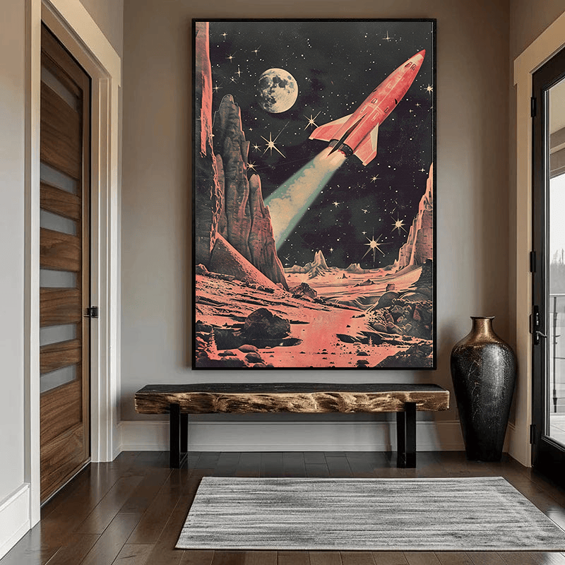 Retro Space Adventure wall art, vintage rocket ship over an alien planet landscape with a moon and stars