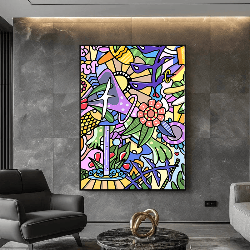 Colorful tropical botanical wall art, vibrant jungle leaves and abstract flowers in a black frame on a dark wall