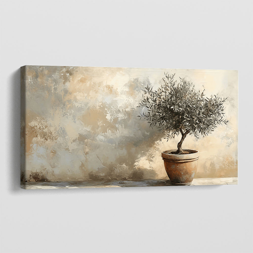 Rustic shadow canvas wall art, solitary olive tree in a terracotta pot against a textured neutral background