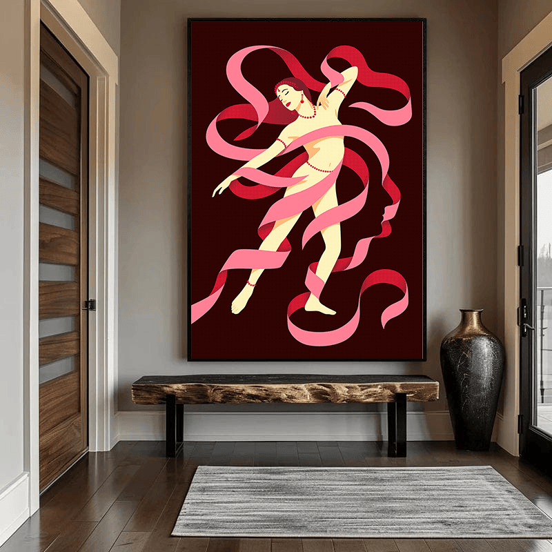 Salome dancing woman portrait wall art, burgundy background with flowing pink and red ribbons and a silhouette profile