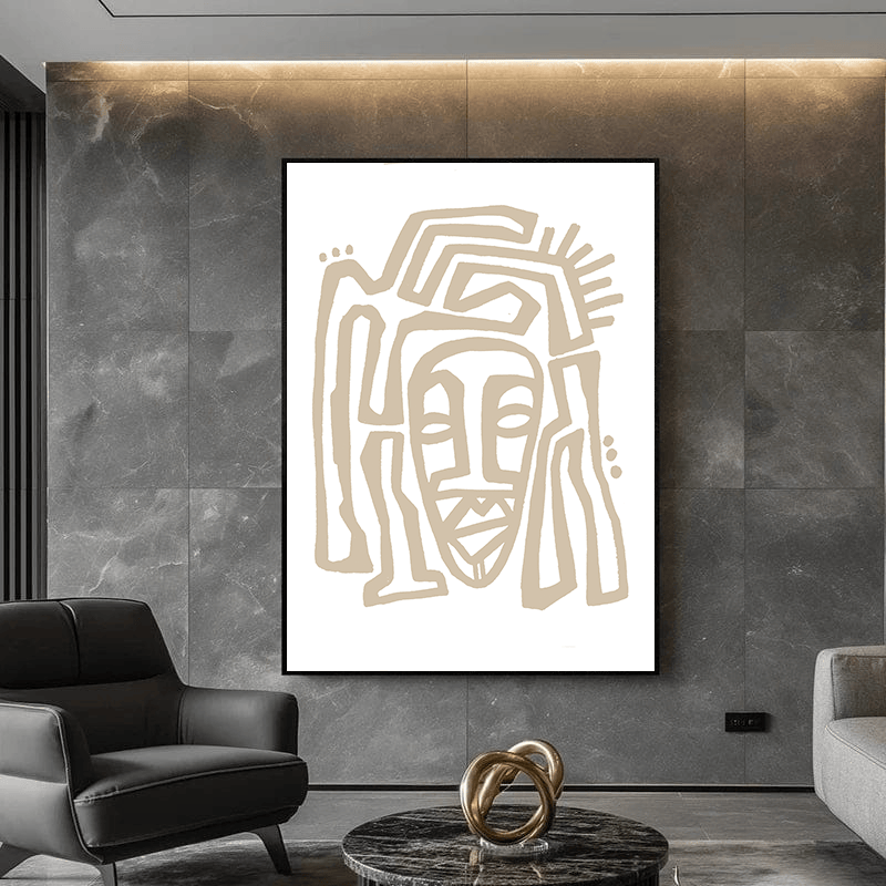 Abstract beige line portrait wall art, minimalist face in sand tones with white ground in a black frame on a dark wall
