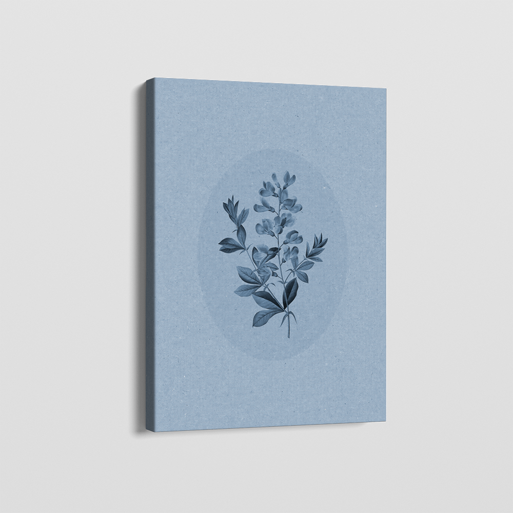 Blue botanical branch wall art, delicate floral study in a monochromatic blue palette on a textured background