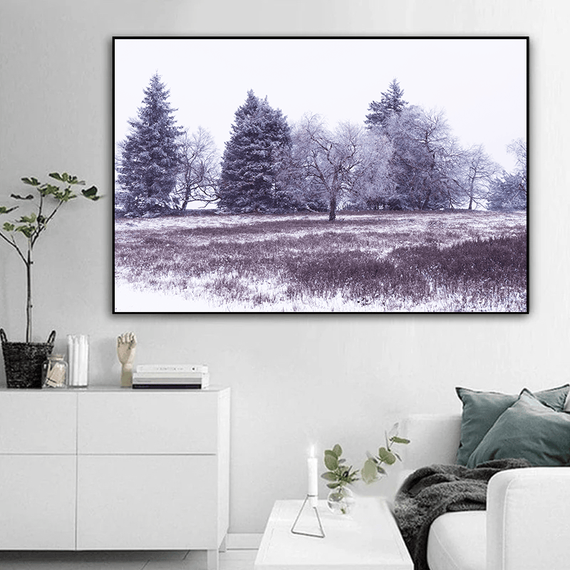 Snowy winter landscape painting wall art, quiet field with evergreen and bare deciduous trees in lavender grey tones
