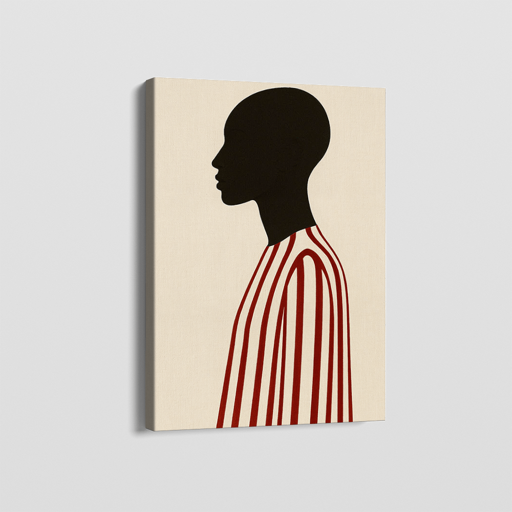 Minimalist woman profile wall art, black silhouette in a red and cream striped garment on neutral canvas