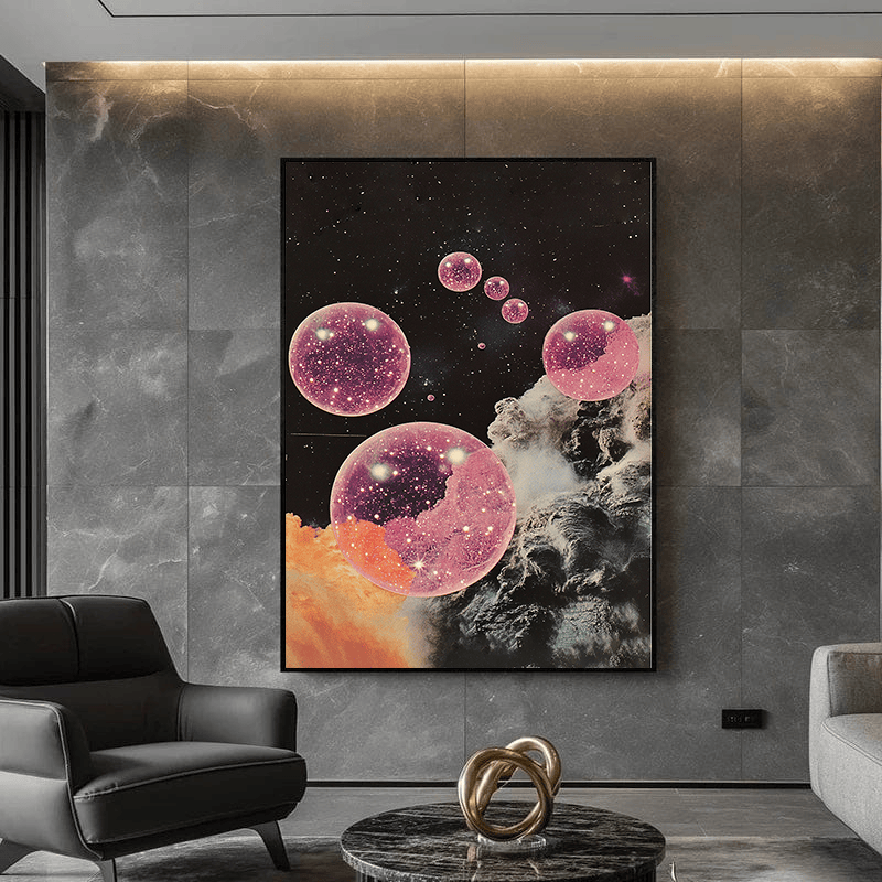 Cosmic universe wall art, surreal space painting with glowing pink spheres over starry night and nebula clouds
