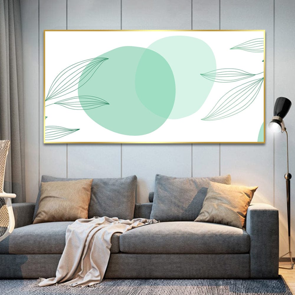 Jade Shades abstract nature wall art, soft green circles and fine leaf line art on white background