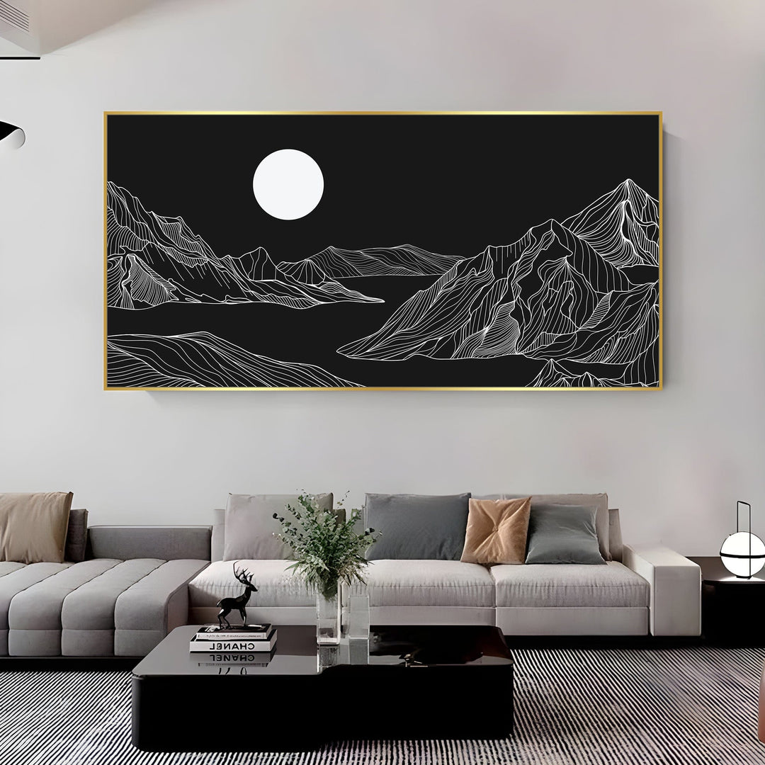 Black and white mountain landscape wall art, minimalist print with linear peaks and a full moon above a dark valley