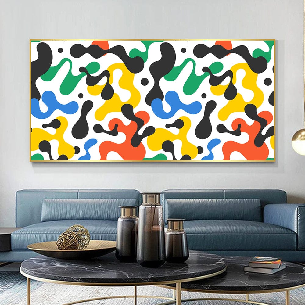 Abstract multicolor waves wall art, bold splashes of red, yellow, green, blue and black on matte paper
