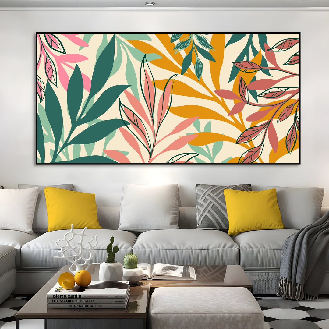 Retro botanical nature wall art, bold leaves in mustard, coral, and teal on a cream background above a sofa