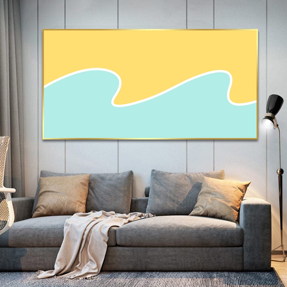 Abstract blue and yellow ocean landscape wall art, modern retro waves painting with clean geometric lines