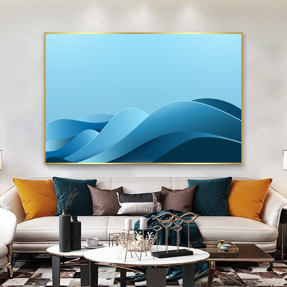 Abstract blue ocean landscape wall art, minimalist layered waves in light and deep blue hues